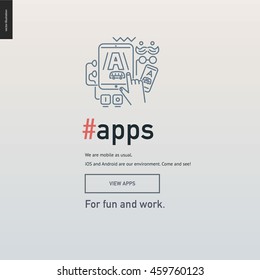 App development block website template - contemporary flat vector icon of application design development and a corresponding text and button layout on light background, for design studio website