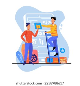 App development blue concept with people scene in the flat cartoon style. Two employee work on making a concept for new mobile application. Vector illustration.