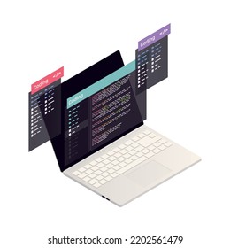 App development coding programming concept with laptop and virtual screens 3d isometric vector illustration