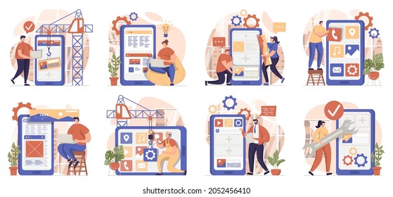 Colección de escenas aisladas para el desarrollo de aplicaciones. Las personas crean diseños ui y optimizan los programas establecidos en diseño plano. Ilustración vectorial para blogs, sitio web, aplicación móvil, materiales promocionales.