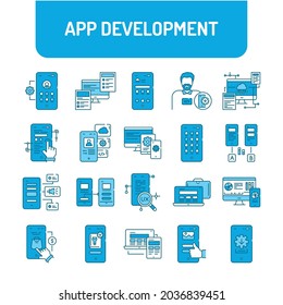 App development color line icons set. Creating and using a mobile application. Pictograms for web page, mobile app, promo. UI UX GUI design elements. Editable stroke.
