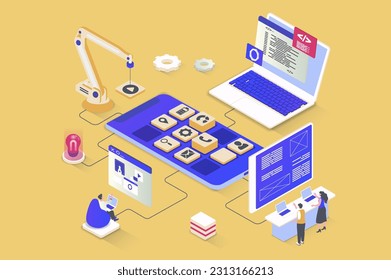 App-Entwicklungskonzept in 3D-isometrischem Design. UI UX Layout-Entwicklung, Programmierung von Anwendungs-Schnittstellen, Codierung von mobilen Software. Vektorgrafik mit Isometrie-Menschen-Szene für Web-Grafik