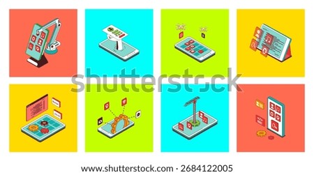 App development development concept of 3d isometric icons set. Pack with programming applications process, creating mobile interface layouts, testing accessibility, optimization. Vector illustration.