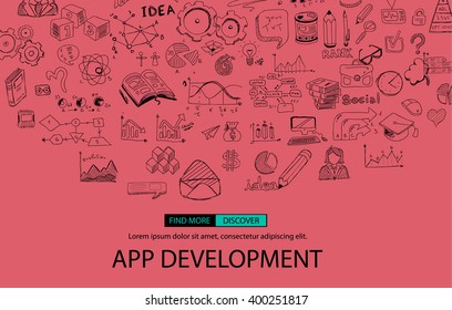 App Development Concept Background with Doodle design style :user interfaces, UI design,mobiel devices. Modern style illustration for web banners, brochure and flyers.