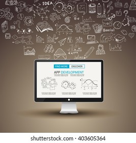 App Development Concept Background with Doodle design style :user interfaces, UI design,mobiel devices. Modern style illustration for web banners, brochure and flyers.