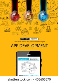 App Development Concept Background with Doodle design style :user interfaces, UI design,mobiel devices. Modern style illustration for web banners, brochure and flyers.