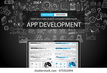 App Development Concept Background with Doodle design style background for Business Brocure or Corporate Flyer Covers.