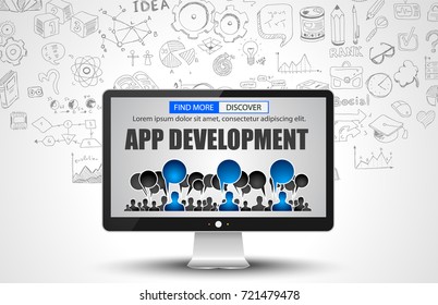 App Development  concept with Business Doodle design style: teamwork , best solutions,top resources.