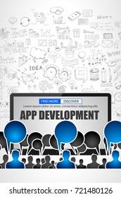 App Development  concept with Business Doodle design style: teamwork , best solutions,top resources.