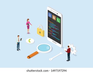 app development concept business with smartphone and programming script code with isometric flat style - vector