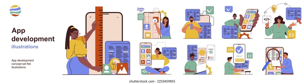 App development concept with character situations collection. Bundle of scenes people creating application and ui design for mobile phone, making software. Vector illustrations in flat web design