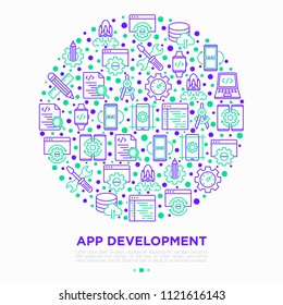 App development concept in circle with thin line icons: writing code, multitasking, smart watch app, engineering, updates, cloud database, testing, design, settings. Modern vector illustration.