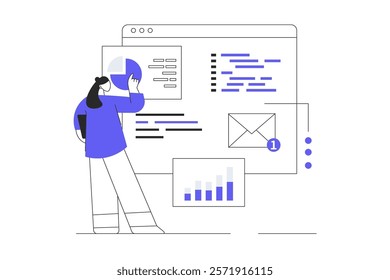 App development concept design. Character designing mobile application interface and working with content screen. Flat Cartoon Vector Illustration, icon. Stylish abstract Modern