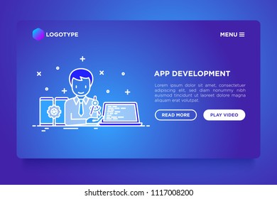 App development concept: developer coding on laptop. Modern vector illustration, web page template on gradient background.