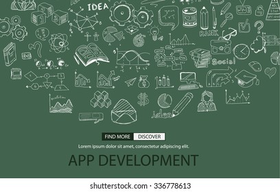 App Development Concept with Doodle design style :user interfaces, UI design,creative thinking. Modern style illustration for web banners, brochure and flyers.