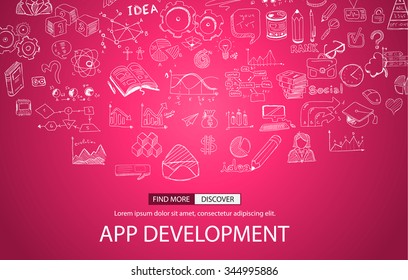 App Development Concept with Doodle design style :user interfaces, UI design,mobiel devices. Modern style illustration for web banners, brochure and flyers.