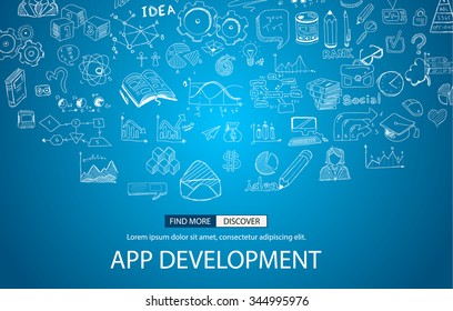 App Development Concept with Doodle design style :user interfaces, UI design,mobiel devices. Modern style illustration for web banners, brochure and flyers.