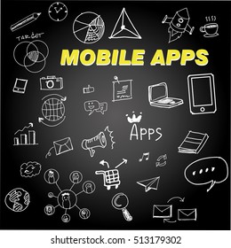 App Development Concept with Doodle design style :Hand drawn vector illustration set of social media sign and symbol mobile elements.