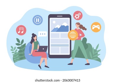 App development concept. Girls come up with design for website. Mockup, template, layout. Smartphone application. Workflow, team. Cartoon flat vector illustration isolated on white background
