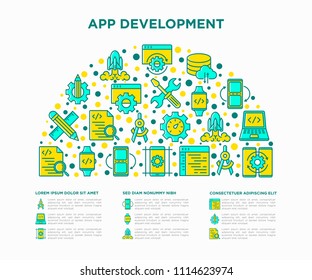 App development concept in half circle withthin line icons: writing code, multitasking, smart watch app, testing, speed optimization, API, mobile syncing. Modern vector illustration, web page template