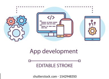 App development concept icon. Mobile device software programming toolkit idea thin line illustration. Application performance management. Vector isolated outline drawing. Editable stroke