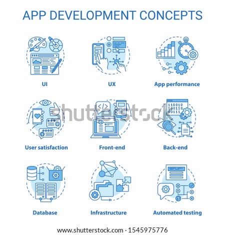 App development concept icons set. Software programming idea thin line illustrations. UI, UX design. Front-end, back-end. App performance management. Vector isolated outline drawings. Editable stroke