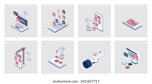 App-Entwicklungskonzept von Isometrien in 3D-Isometrie-Design für Web. Programmieren von Anwendungen mit der Erstellung von Schnittstellenlayouts, Einstellungen und Optimierung für Telefone. Vektorgrafik