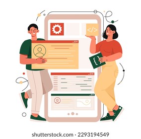 App development concept. Man and woman with interface elements in hands near smartphone. UI and UX design for website, mobile program. Programmer and designer. Cartoon flat vector illustration