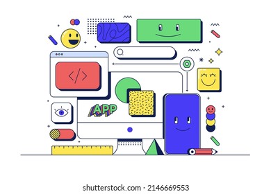 App development concept. Mobile phone, pc and related icons. Flat line 90s cartoon style. Vector illustration