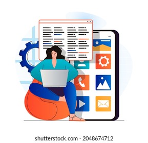 App development concept in modern flat design. Woman developer works on laptop, coding code, creates software for mobile phone, customizes and optimizes programs, ui layout design. Vector illustration