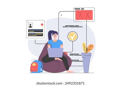 App development concept in modern flat design for web. Woman designer programming at laptop, engineering social media site interface, placing content at homepage mobile mockup. Vector illustration.