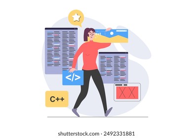 App development concept in modern flat design for web. Woman designer programming and engineering software product, testing and fixing code, placing content at homepage mockup. Vector illustration.