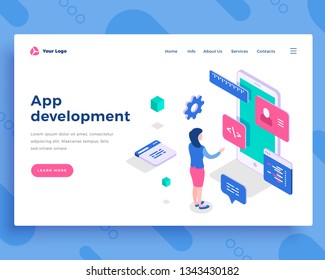 App-Entwicklungskonzept, Bürofrau und Interaktion mit Smartphone-Bildschirm. Seitenvorlage für die Landung. 3D isometrische Vektorgrafik.