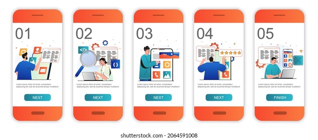 Concepto de desarrollo de aplicaciones en pantallas de conexión para plantillas de aplicaciones móviles. Programadores codificando y trabajando. Moderno interfaz de usuario, UX, GUI pantallas de interfaz de usuario con escenas de personas para el diseño web. Ilustración del vector