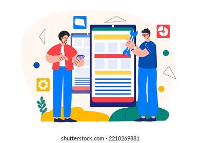 App Development Konzept mit Menschen-Szene im flachen Cartoon-Stil. Zwei Programmierer arbeiten über das Telefon mit Websiteeinstellungen. Vektorgrafik.