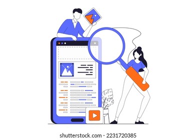App development concept with people scene in flat outline design. Man and woman designing app interface and working with content and buttons. Vector illustration with line character situation for web