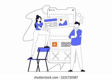 App development concept with people scene in flat outline design. Man and woman working with mobile application interface and placing buttons. Vector illustration with line character situation for web
