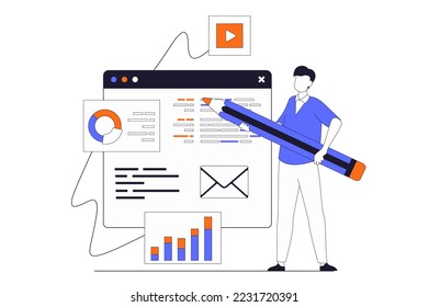 App development concept with people scene in flat outline design. Man designing mobile application interface and working with content screen. Vector illustration with line character situation for web