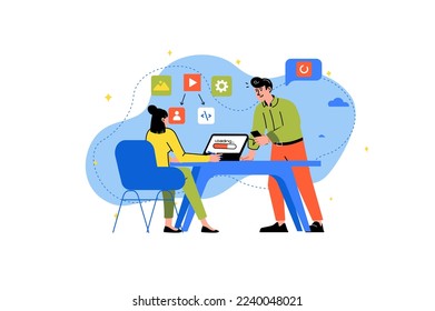 Concepto de desarrollo de aplicaciones con escenas de personas en el estilo de dibujos animados planos. La supervisión explica al programador lo que necesita hacer con la aplicación. Ilustración vectorial.
