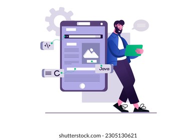 App development concept with people scene in the flat cartoon style. An app developer is testing his new app on a tablet. Vector illustration.