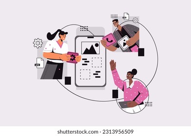 App development concept with people scene in the flat cartoon style. A team of developers is working on creating a new mobile application. Vector illustration.
