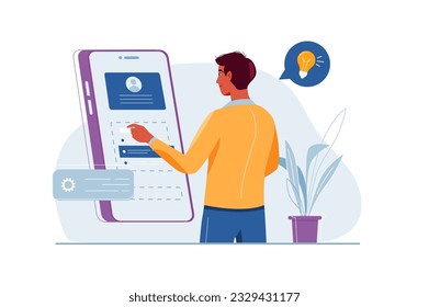 App development concept with people scene in the flat cartoon style. The developer is testing his new mobile application. Vector illustration.