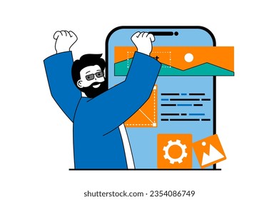 App Development Konzept mit Menschen-Szene in flachem Web-Design. Der Mensch baut mobiles Layout mit Schaltflächen-Platzierung, technische Schnittstelle. Vektorgrafik für Social-Media-Banner, Marketingmaterial.