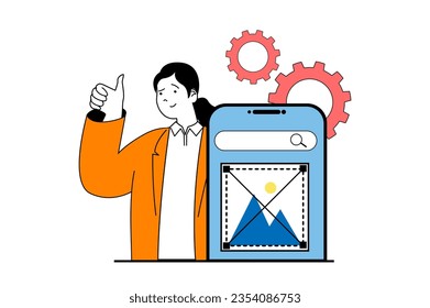 App development concept with people scene in flat web design. Woman placing graphic element for ui layout, making mobile optimization. Vector illustration for social media banner, marketing material.