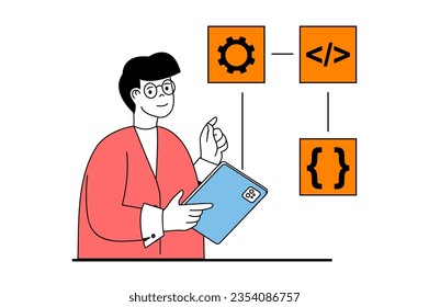App Development Konzept mit Menschen-Szene in flachem Web-Design. Man kreiert Arbeitsprozessalgorithmen mit Programmierung und Optimierung. Vektorgrafik für Social-Media-Banner, Marketingmaterial.