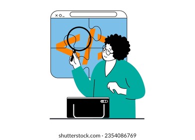 Concepto de desarrollo de aplicaciones con escenas de personas en diseño web plano. Software de programación para mujeres, búsqueda de fallos y optimización de código. Ilustración vectorial para banner de medios sociales, material de marketing.