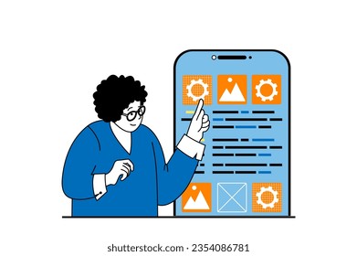 App development concept with people scene in flat web design. Woman creating ui layout for mobile phone, placing elements and buttons. Vector illustration for social media banner, marketing material.
