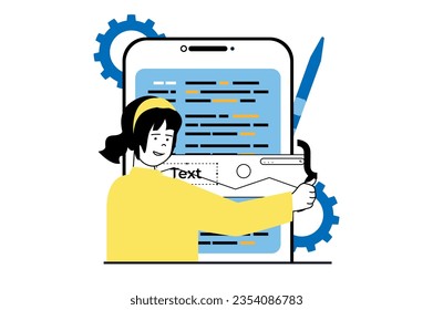 App Development Konzept mit Menschen-Szene in flachem Web-Design. Woman Engineering Wireframe gui mock up, Platzierung von Schaltflächen und Symbolleiste. Vektorgrafik für Social-Media-Banner, Marketingmaterial.