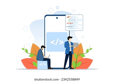 App Development Concept, people in various web and app design and development activities, social media, creative process, Suitable for web landing page, ui, mobile app, flyer, banner, etc.