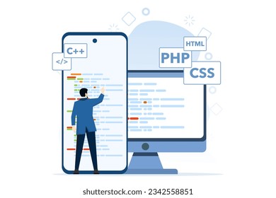 App Development Concept, people in various web and app design and development activities, social media, creative process, Suitable for web landing page, ui, mobile app, flyer, banner, etc.